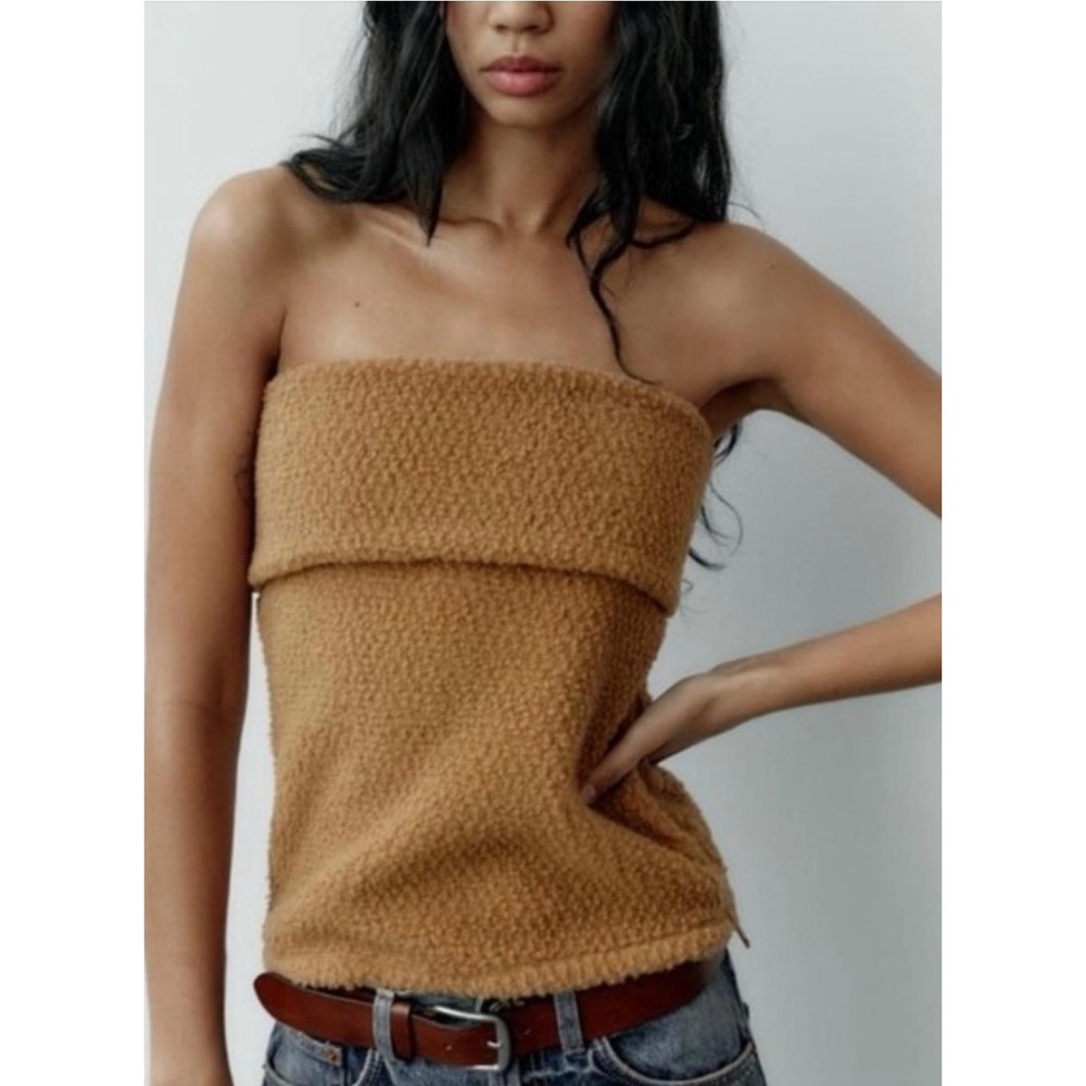 Zara Women Brown Boucle Faux Shearling Strapless Tube Top Camel Size Medium M